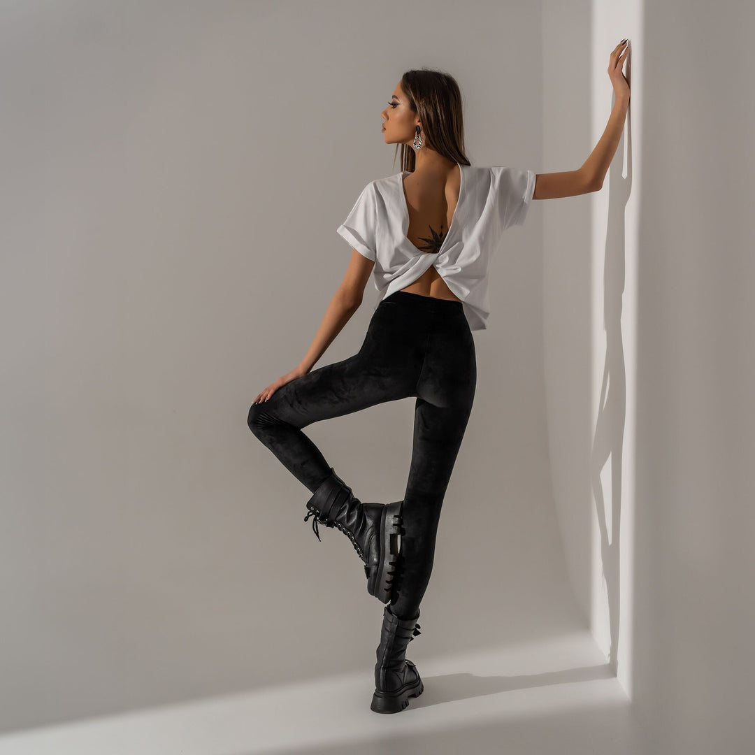 Colanti negri din catifea premium elastica cu talie inalta