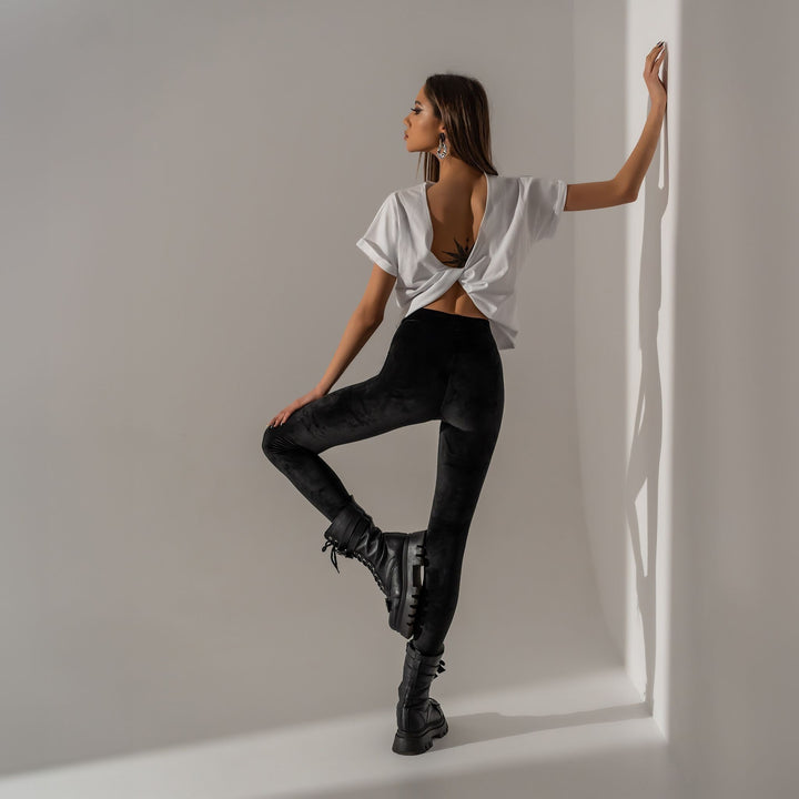 Colanti negri din catifea premium elastica cu talie inalta