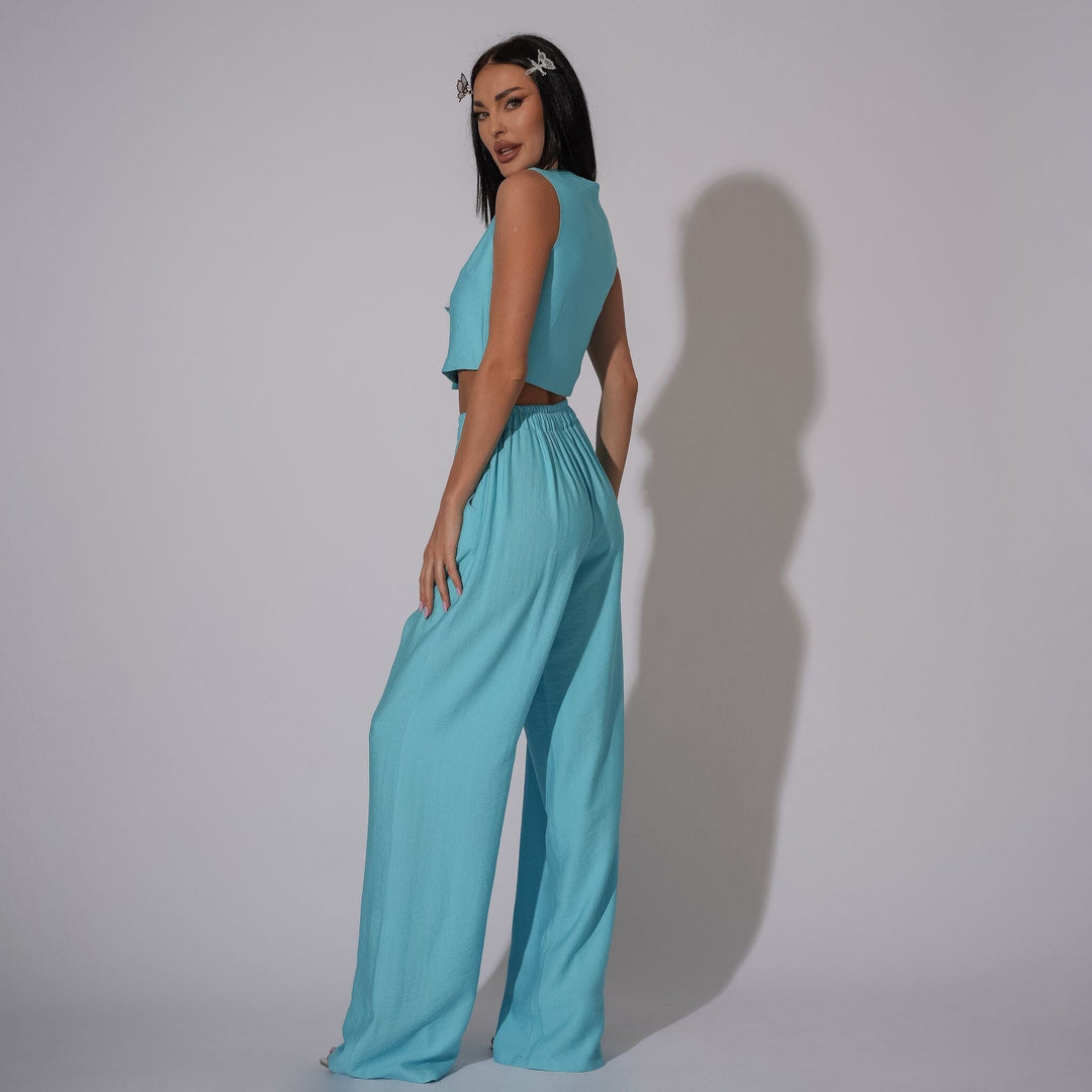 Carolina D: Compleu dama de vara din in format din vesta decorata cu fundite si pantaloni drepti