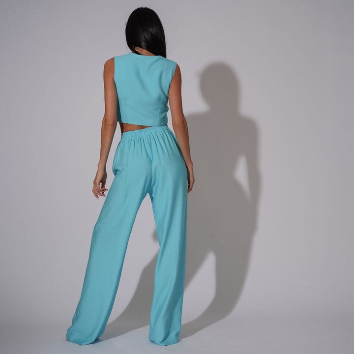 Carolina D: Compleu dama de vara din in format din vesta decorata cu fundite si pantaloni drepti