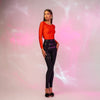 Pantaloni modelatori cu talie inalta si benzi satinate cu reglaje metalice