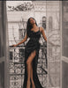 Rochie neagra lunga din satin cu pene Be That Girl