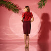 Rochie dreaptă midi cu inserții din dantelă bordo și bolero detașabil Adele