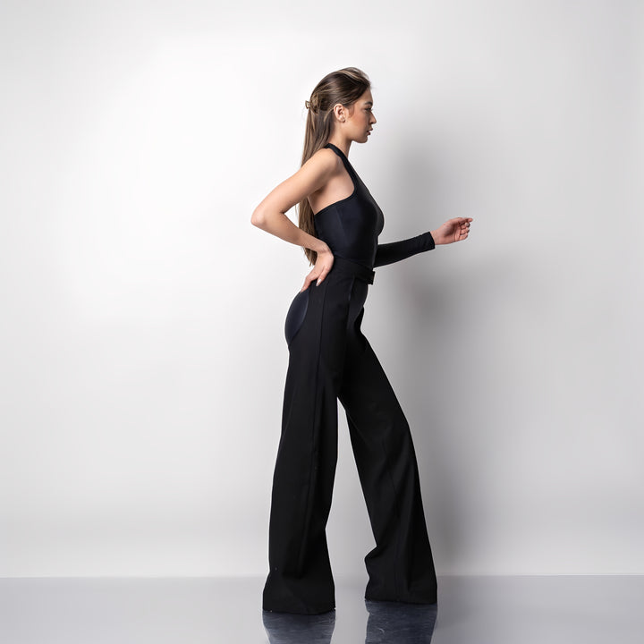 Pantaloni decupati din denim cu aspect vintage si colanti modelatori negri Back to Black