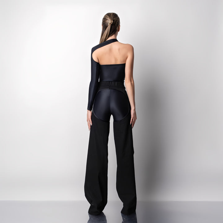 Pantaloni decupati din denim cu aspect vintage si colanti modelatori negri Back to Black