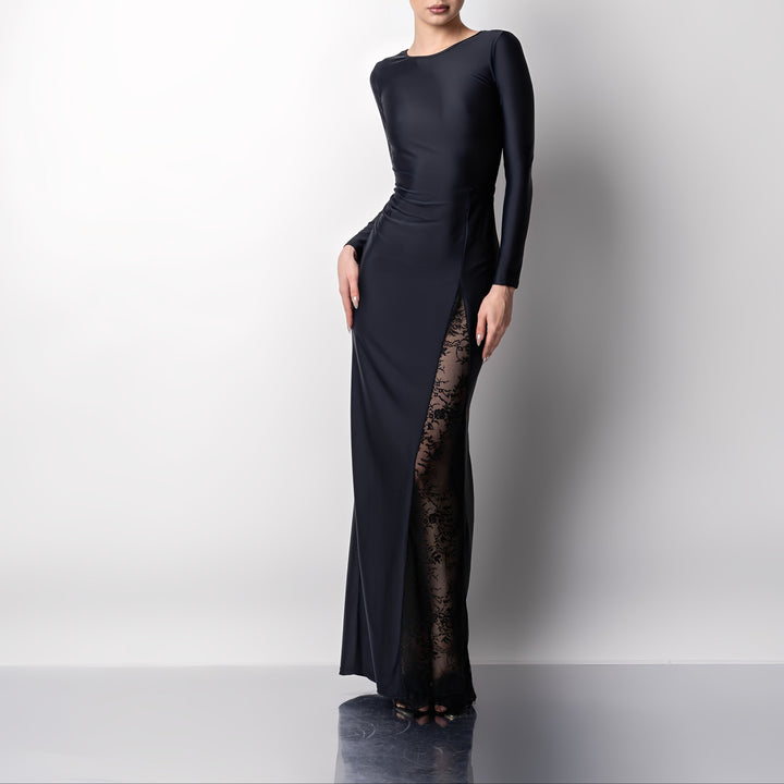 Rochie lunga modelatoare cu insertii din dantela Midnight