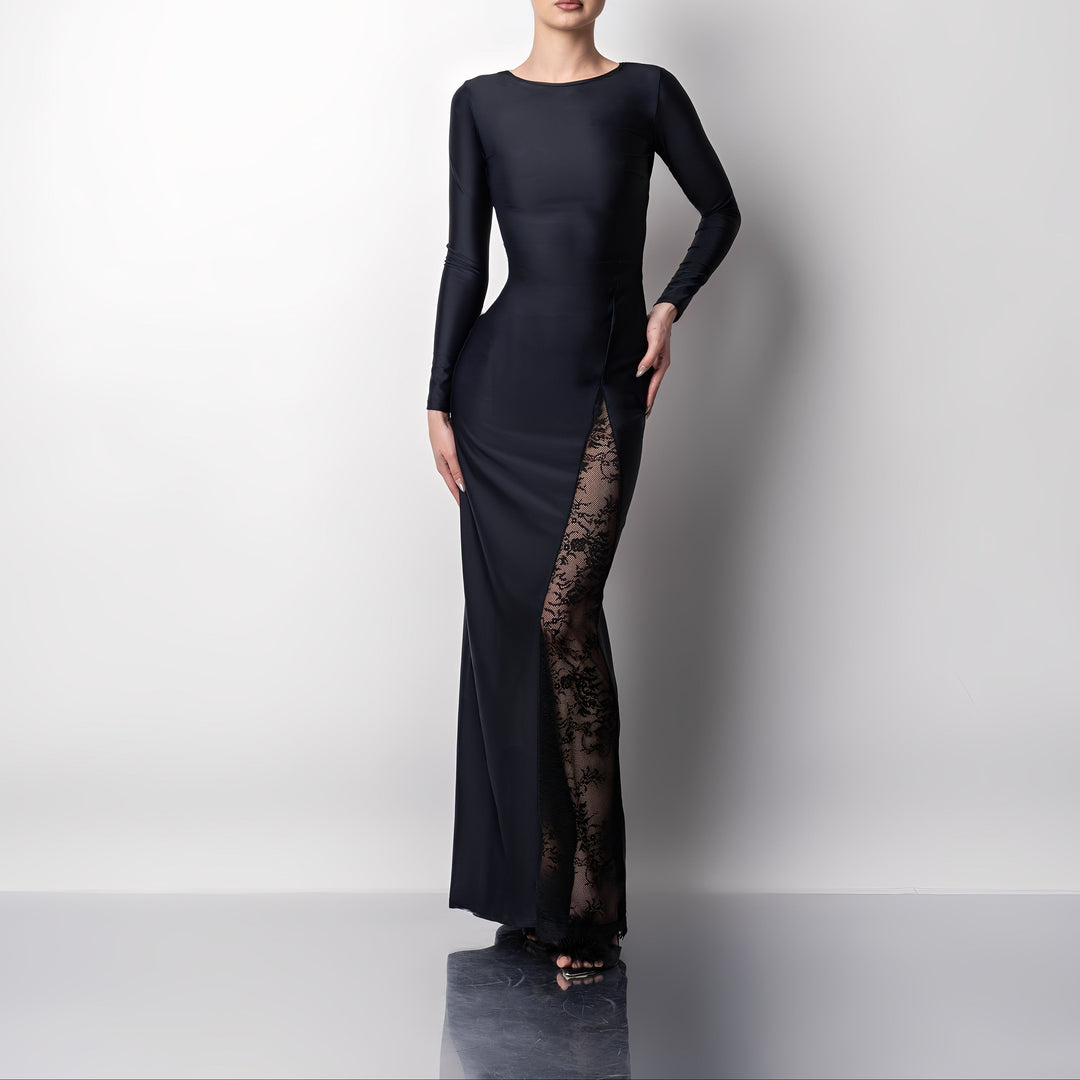 Rochie lunga modelatoare cu insertii din dantela Midnight
