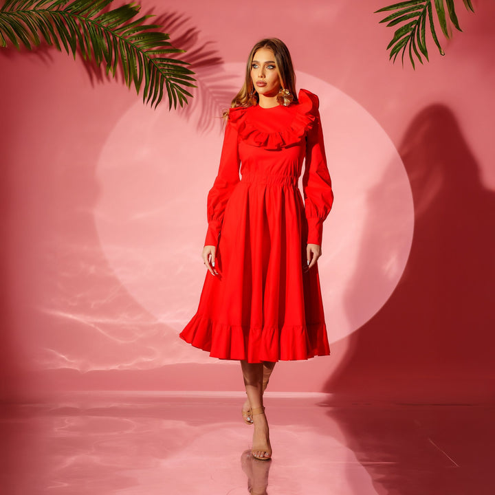Rochie rosie midi din bumbac cu volane Kamelya