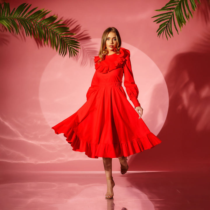 Rochie rosie midi din bumbac cu volane Kamelya