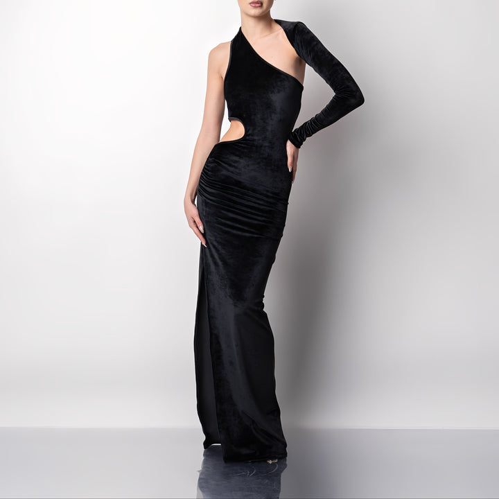 Rochie lunga din catifea cu o maneca si decupaj in talie Raven