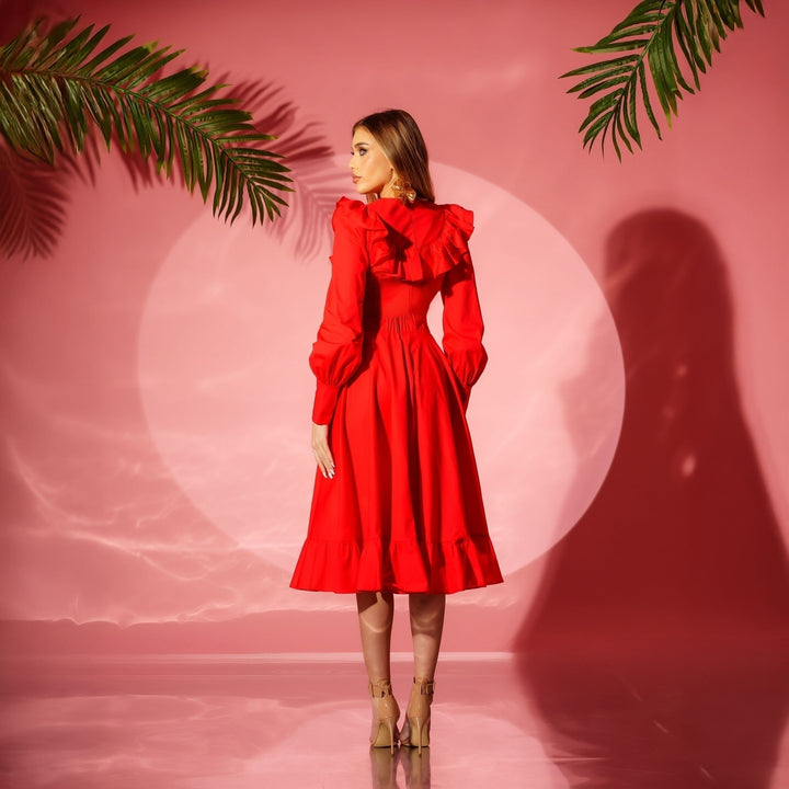 Rochie rosie midi din bumbac cu volane Kamelya