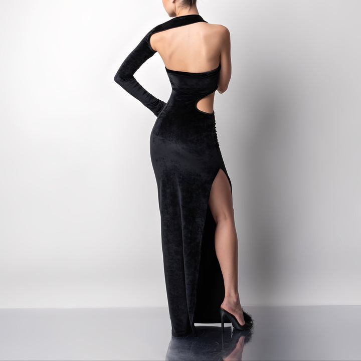 Rochie lunga din catifea cu o maneca si decupaj in talie Raven