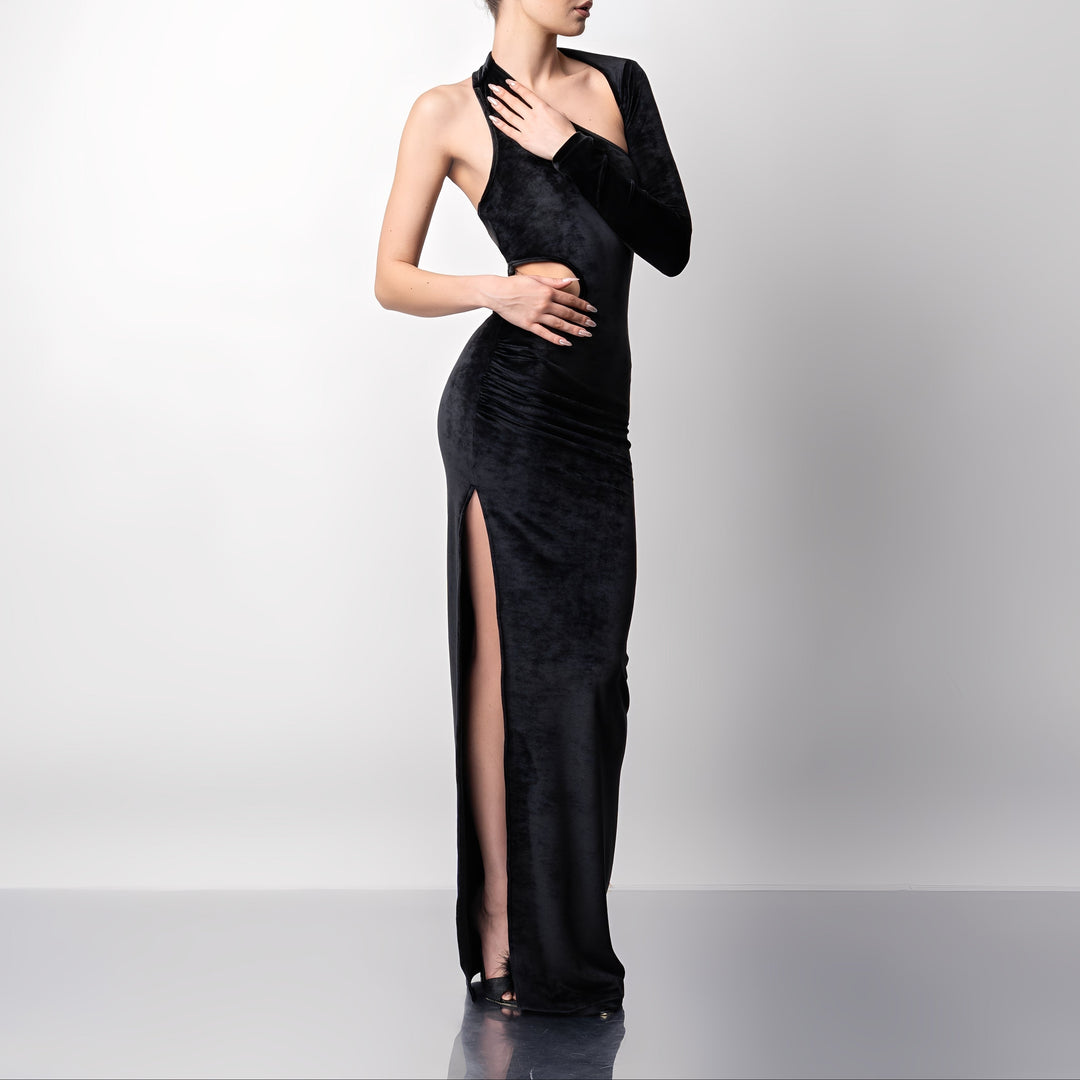 Rochie lunga din catifea cu o maneca si decupaj in talie Raven