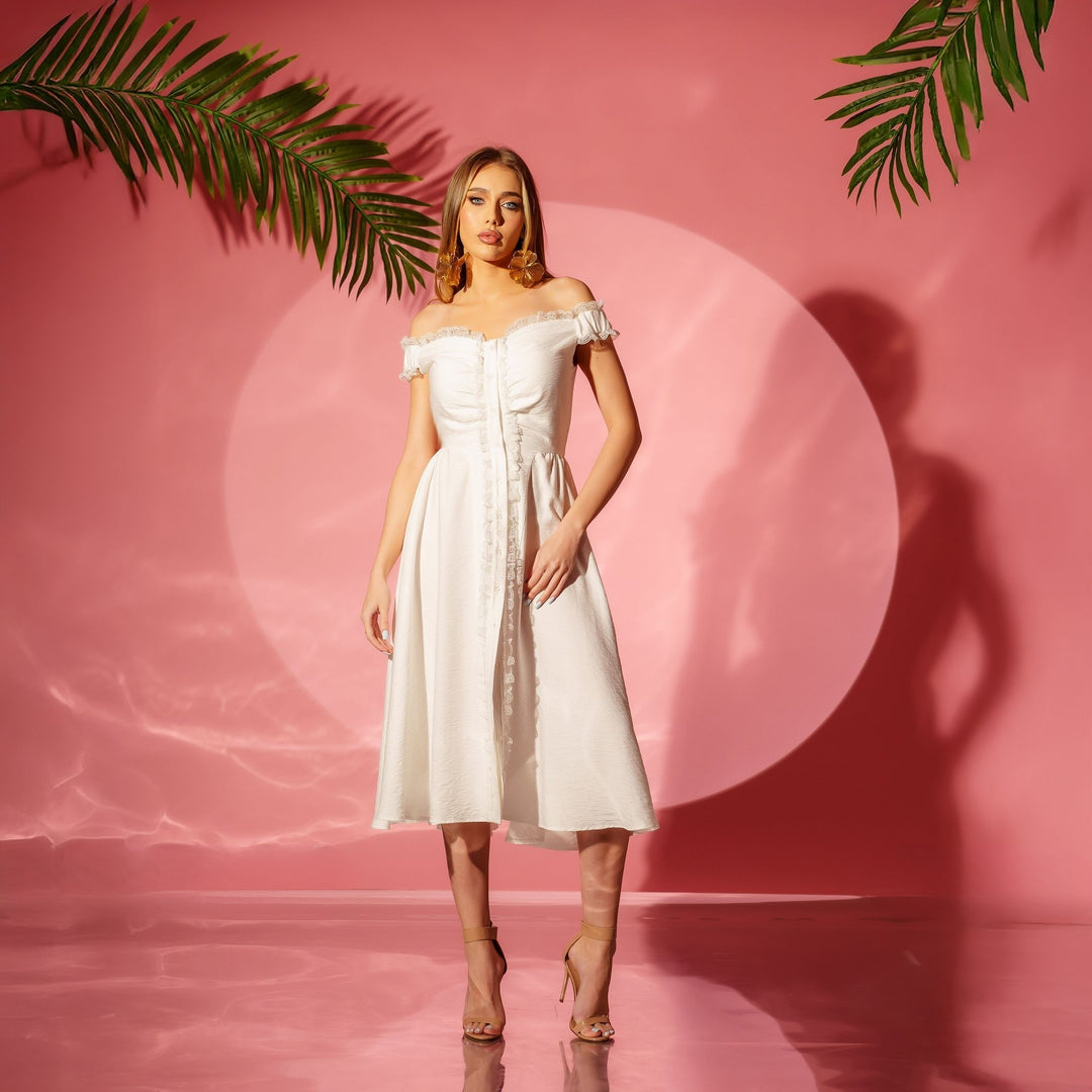 Rochie alba midi din in pe umeri cu insertie din dantela Mimi
