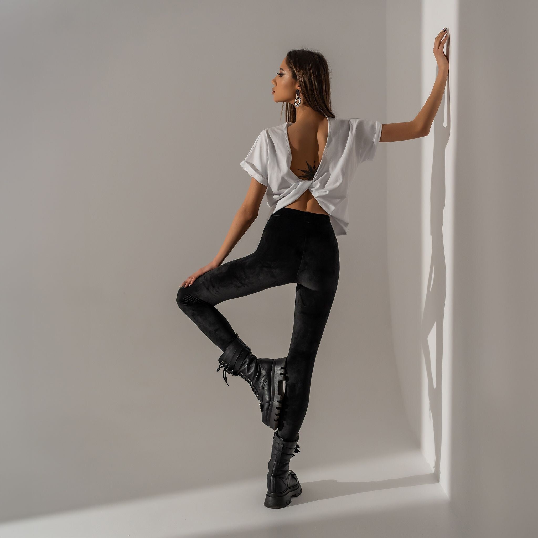 Colanti negri din catifea premium elastica cu talie inalta