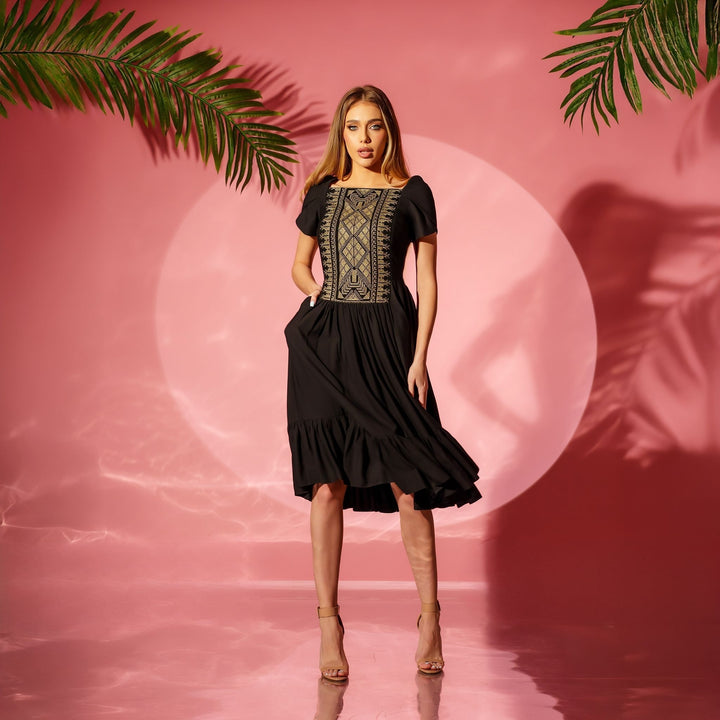 Rochie midi din in cu broderie traditionala aurie Ethno