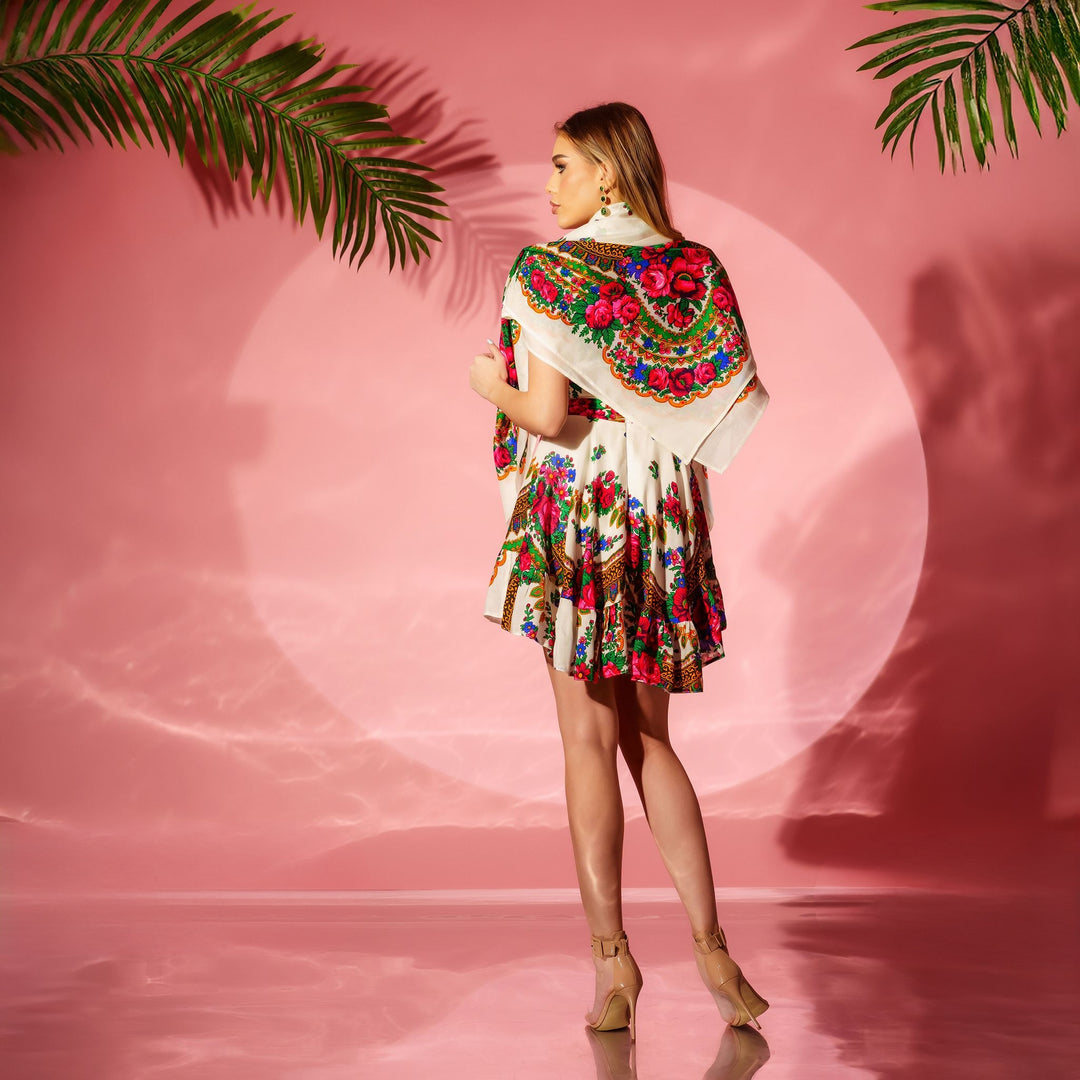 Rochie scurta cu volane si print traditional Smaranda