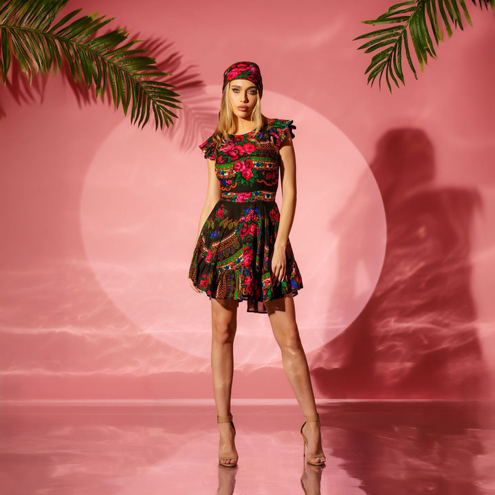 Rochie scurta cu volane si print traditional Ilinca