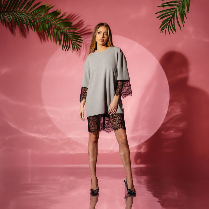 Tricou boyfriend, long line, din bumbac, cu inserții din dantelă Elevate Your Style