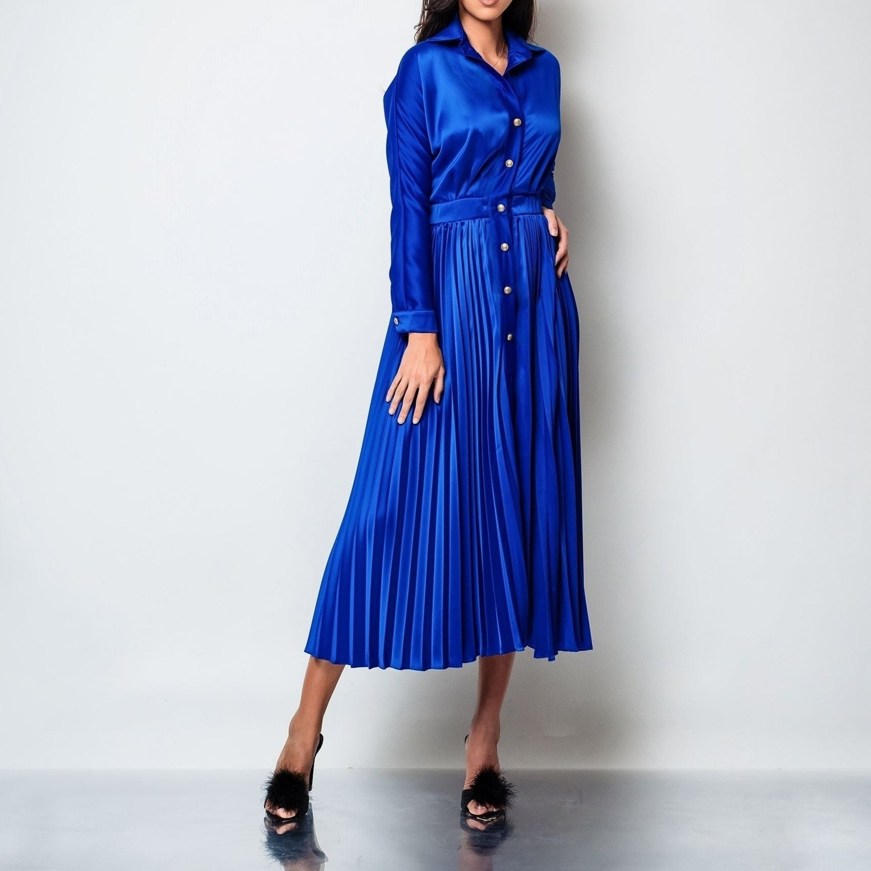 Rochie midi cu fusta plisata din matase Freya
