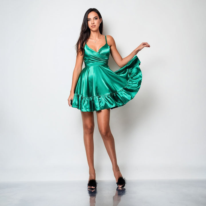 Rochie scurta din satin verde cu fusta clos si volan Valerie