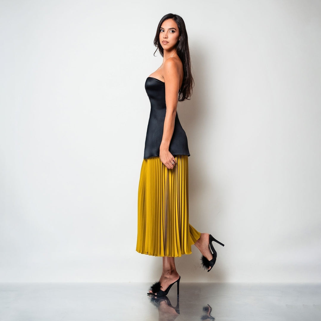 Set corset din tafta neagra si fustă midi plisata din matase Gaya