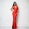 Rochie lunga din lycra rosie cu decoletu halter spatele gol si drapaje Seraphine