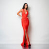 Rochie lunga din lycra rosie cu decoletu halter spatele gol si drapaje Seraphine