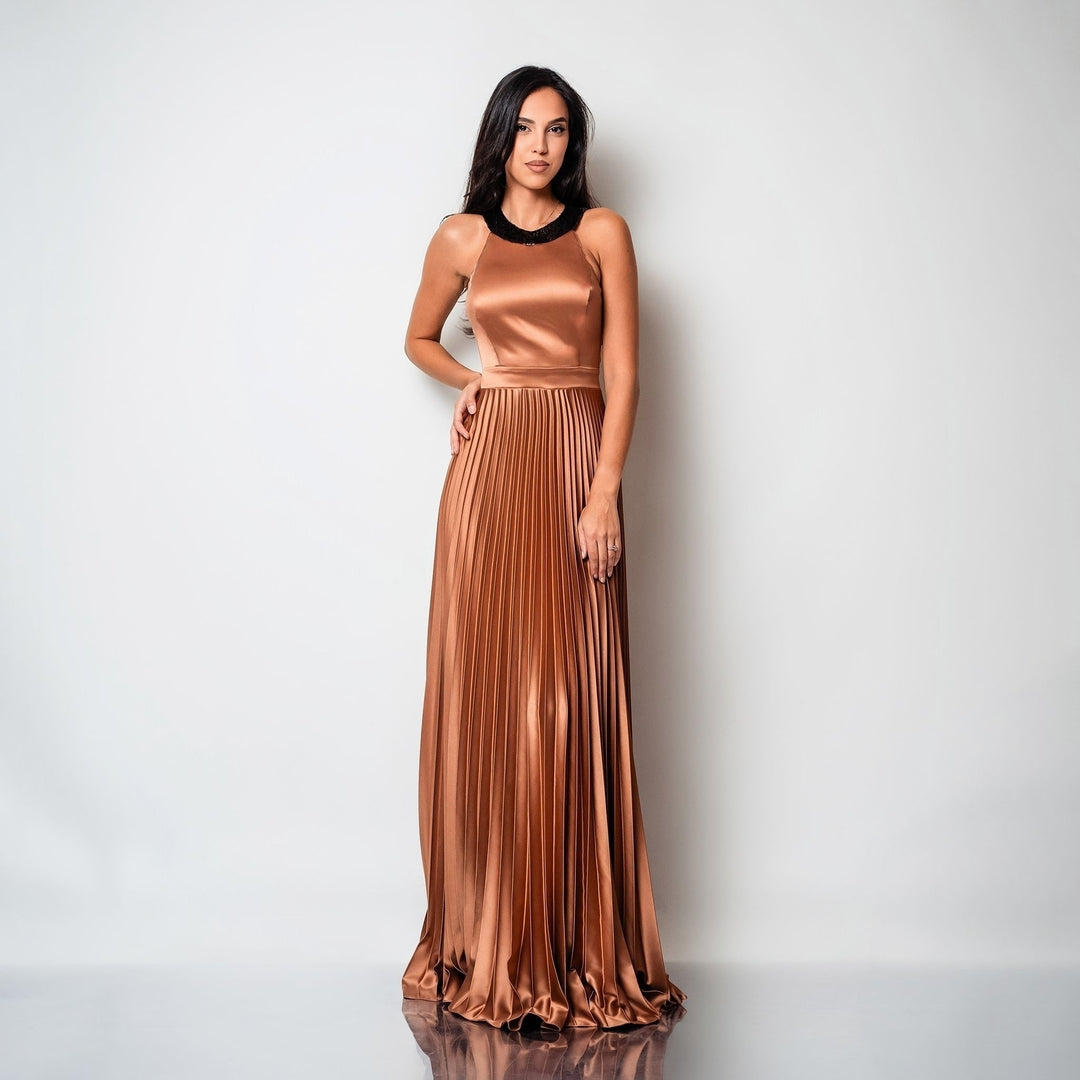 Rochie lunga din tafta de matase gold cu insertii din paiete si fusta plisata Mirage