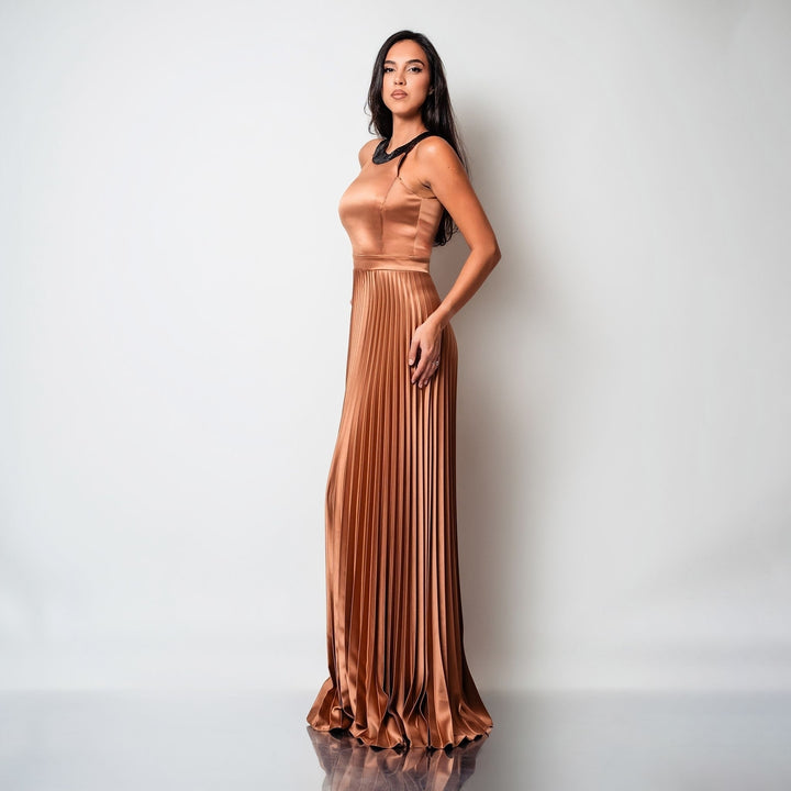 Rochie lunga din tafta de matase gold cu insertii din paiete si fusta plisata Mirage