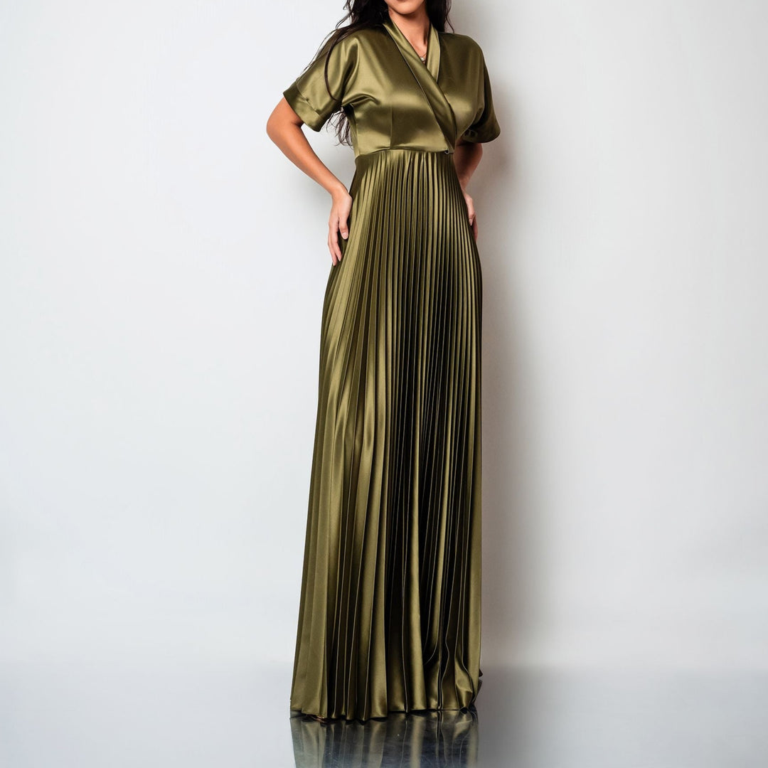 Rochie lunga din tafta de matase cu bust tip kimono si fusta plisata Hazel