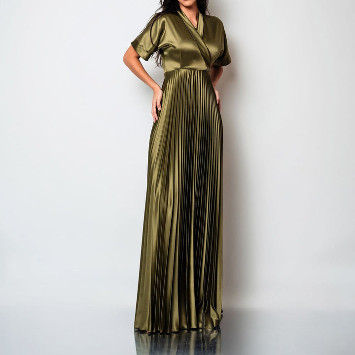Rochie lunga din tafta de matase cu bust tip kimono si fusta plisata Hazel