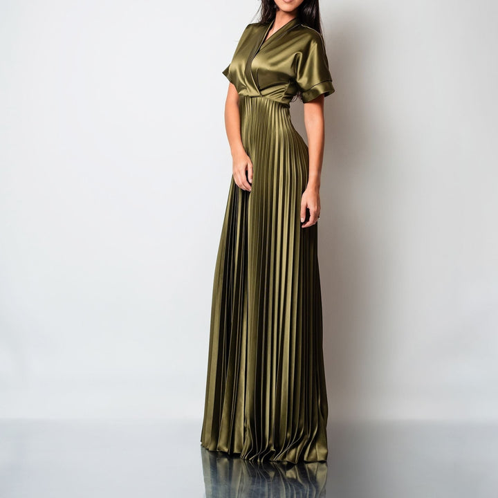 Rochie lunga din tafta de matase cu bust tip kimono si fusta plisata Hazel