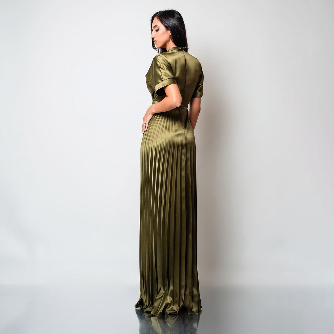 Rochie lunga din tafta de matase cu bust tip kimono si fusta plisata Hazel