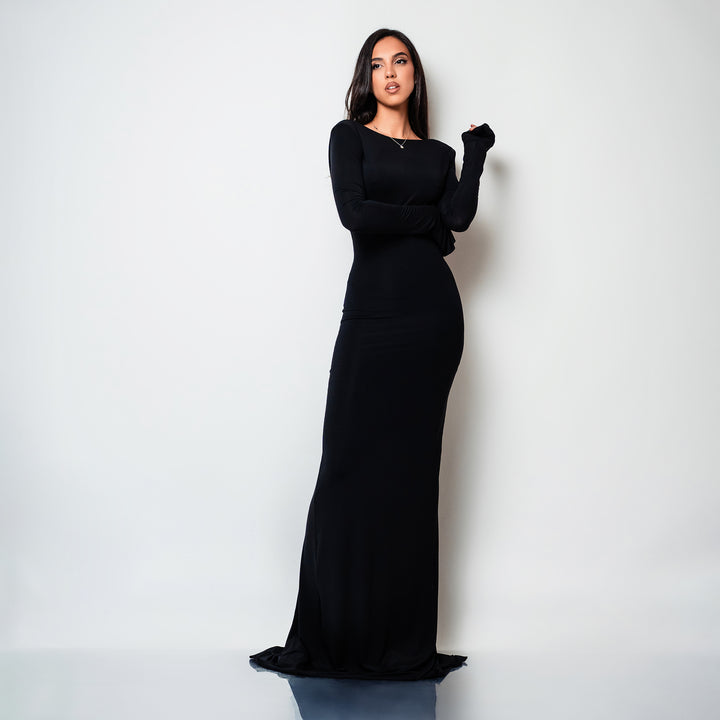 Rochie lunga neagra din bumbac de cocktail cu spatele gol si drapaje Luna