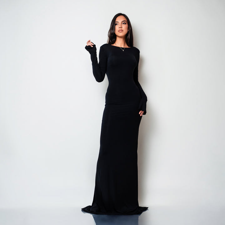 Rochie lunga neagra din bumbac de cocktail cu spatele gol si drapaje Luna