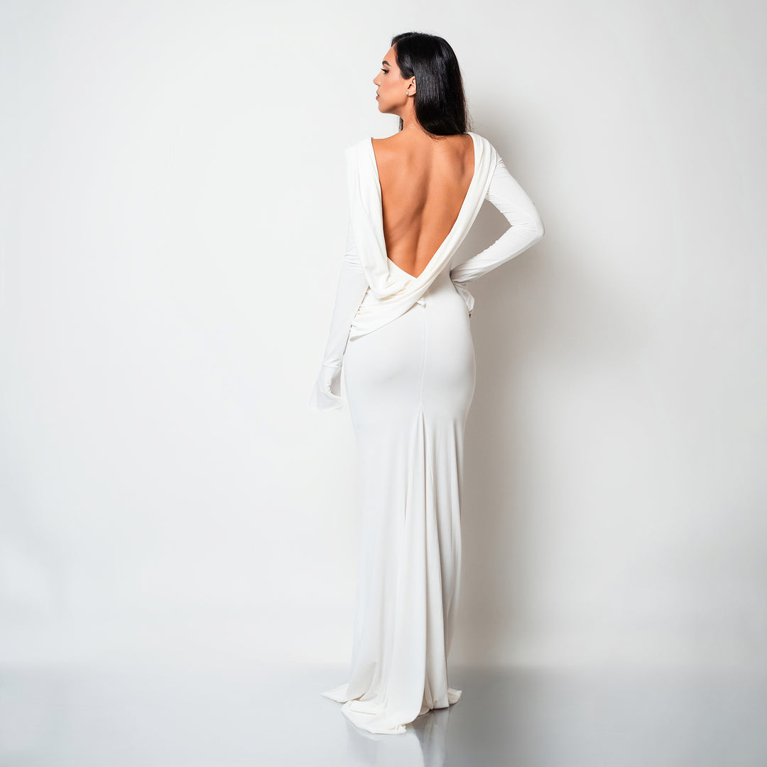 Rochie lunga alba din bumbac de cocktail cu spatele gol si drapaje Luna