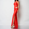 Set body roșu cu croială high-cut și fustă lungă cu drapaje pe șolduri Vibe