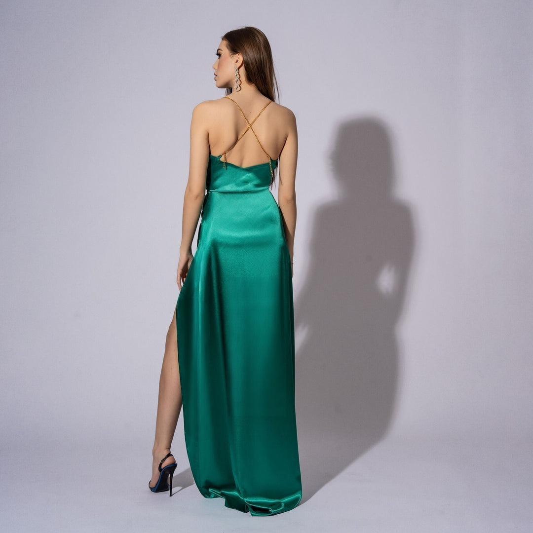 Rochie lunga verde din satin Be that girl
