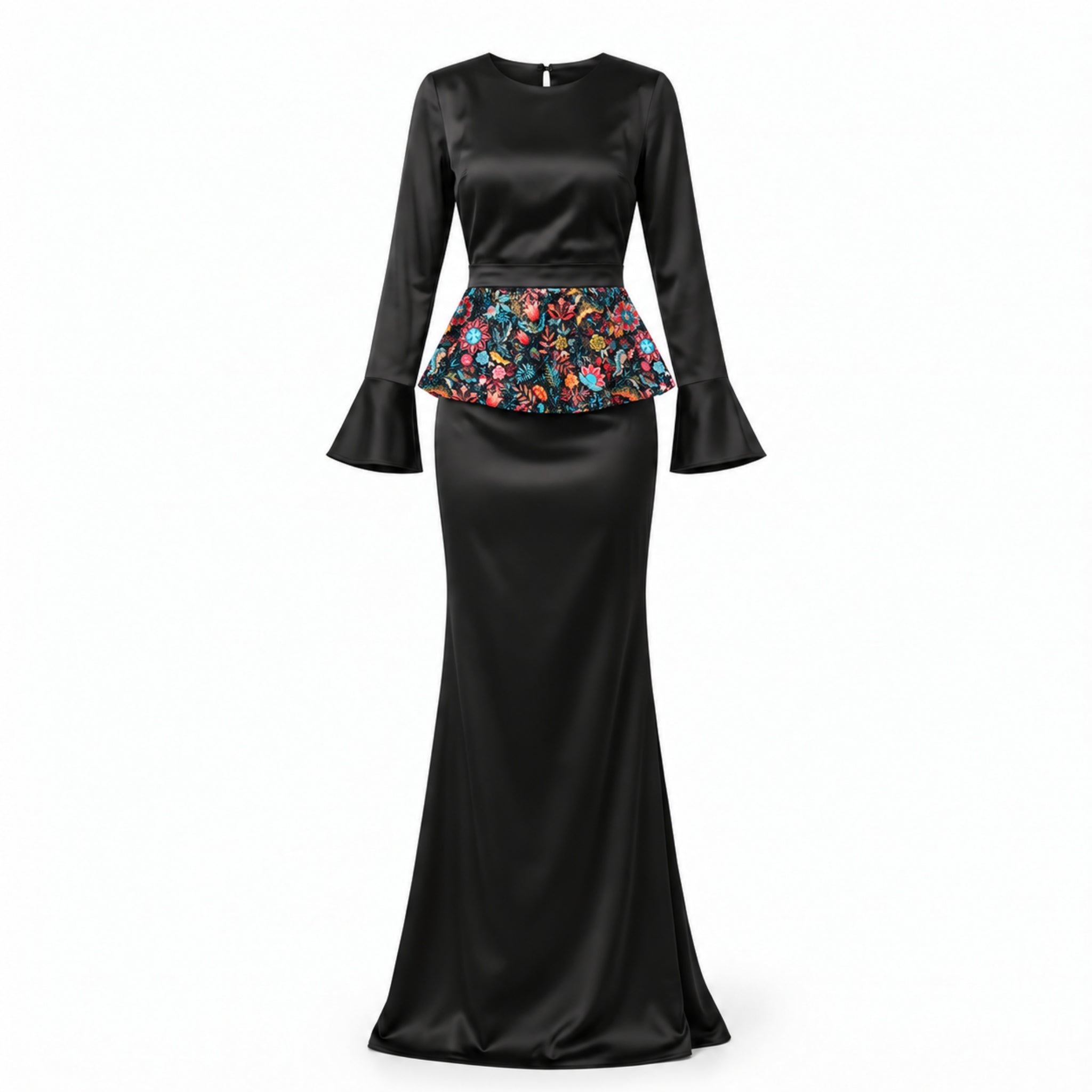Rochie lungă neagră din mătase vegetală cu peplum detașabil din paiete printate