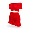 Compleu corai din jersey cu bustieră off-shoulder și fustă mini cu fronseu și volan