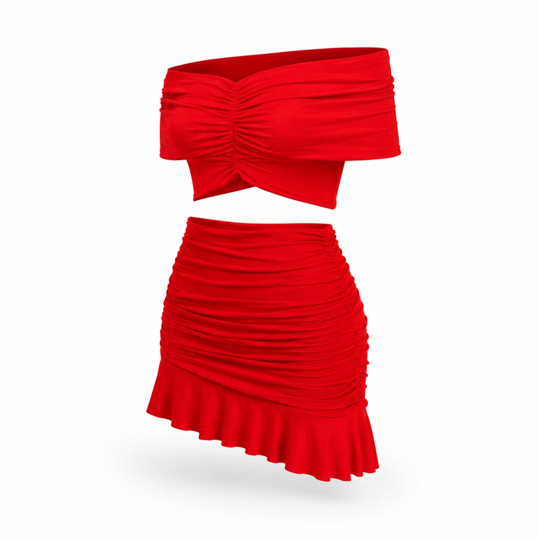 Compleu corai din jersey cu bustieră off-shoulder și fustă mini cu fronseu și volan