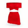 Compleu corai din jersey cu bustieră off-shoulder și fustă mini cu fronseu și volan