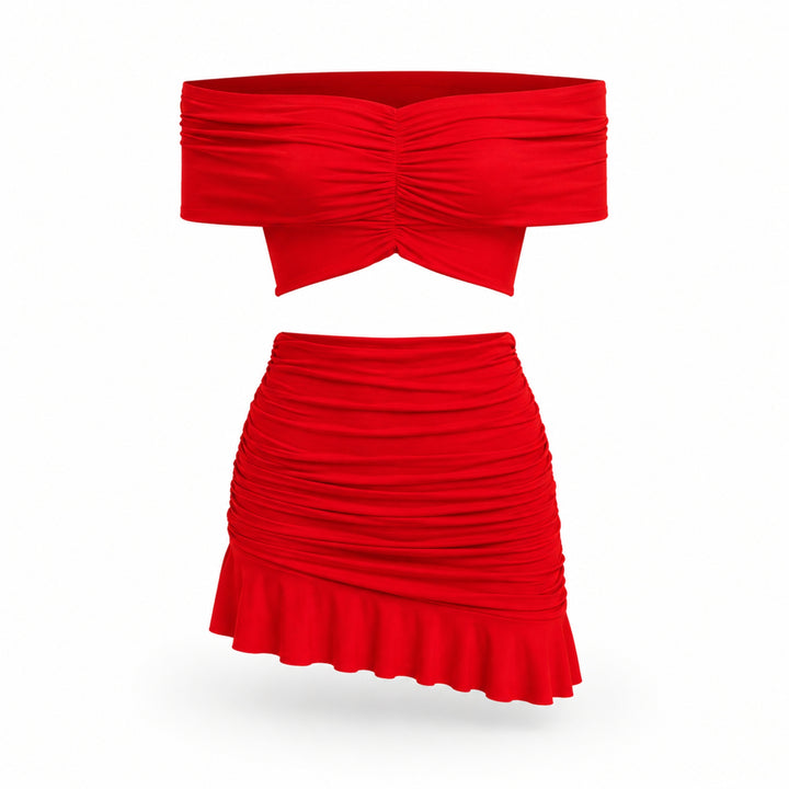 Compleu corai din jersey cu bustieră off-shoulder și fustă mini cu fronseu și volan