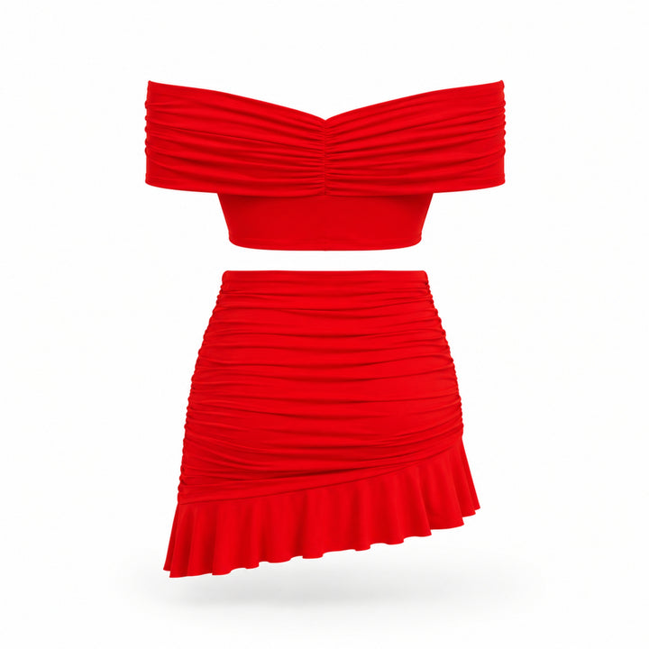 Compleu corai din jersey cu bustieră off-shoulder și fustă mini cu fronseu și volan
