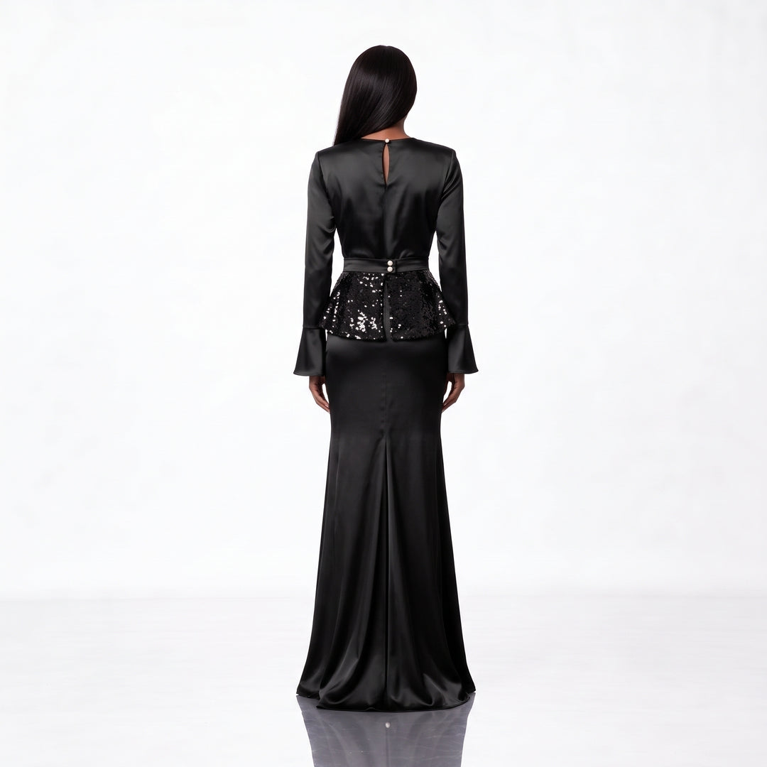 PRET SPECIAL DE LANSARE! Rochie lungă neagră din mătase vegetală cu peplum detașabil din paiete