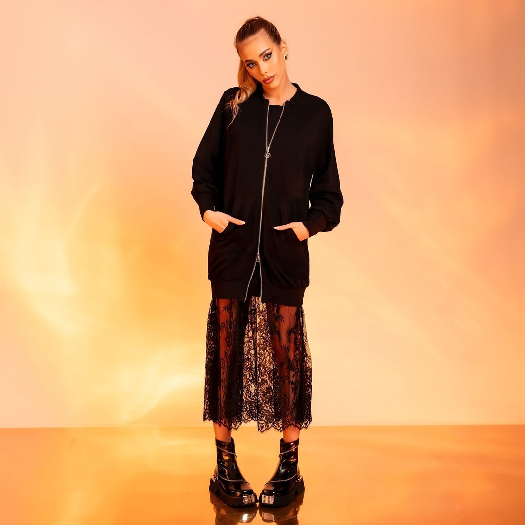 Hanorac long line oversized cu fusta detasabila din dantela