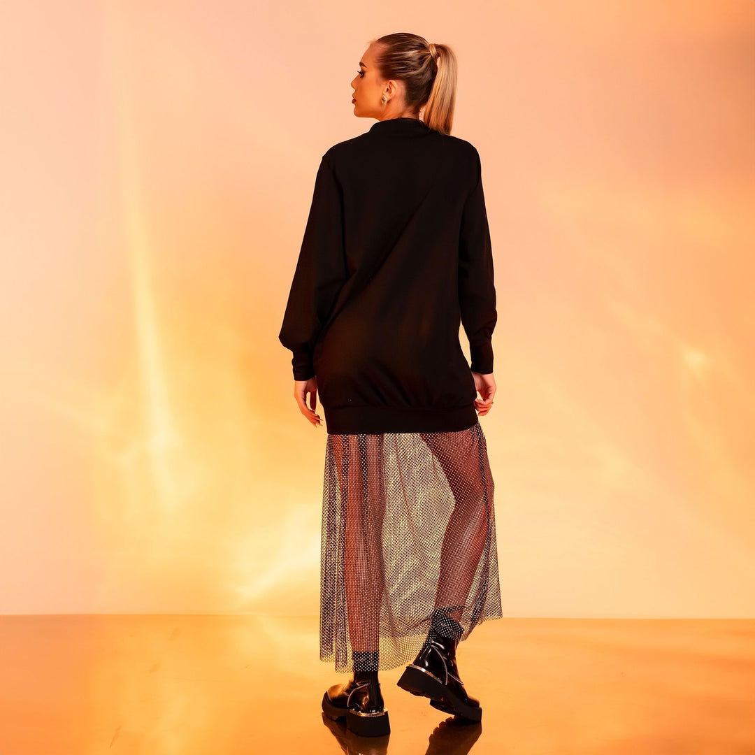 Hanorac long line oversized cu fusta detasabila din plasa decorata cu cristale Cult