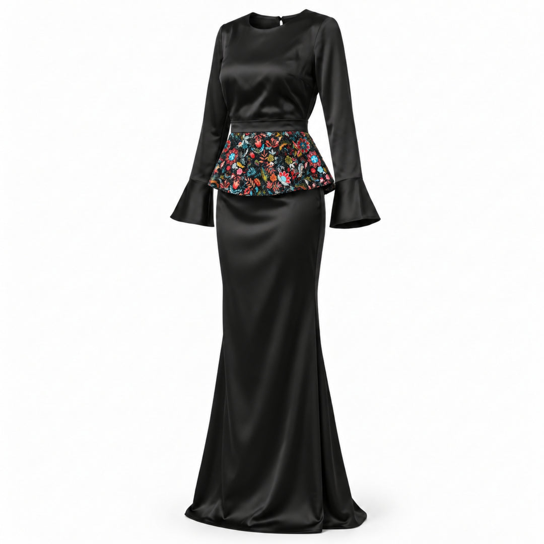 Rochie lungă neagră din mătase vegetală cu peplum detașabil din paiete printate
