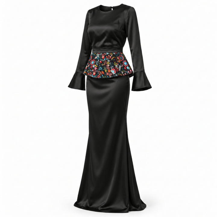 Rochie lungă neagră din mătase vegetală cu peplum detașabil din paiete printate